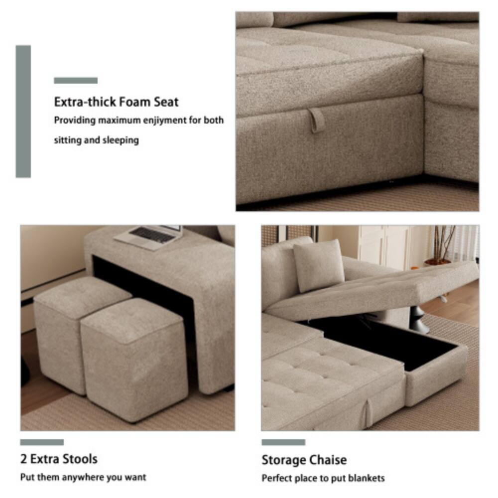 Extra-thick Foam Seat  
Providing maximum enjoyment for both sitting and sleeping  

2 Extra Stools  
Put them anywhere you want  

Storage Chaise  
Perfect place to put blankets
