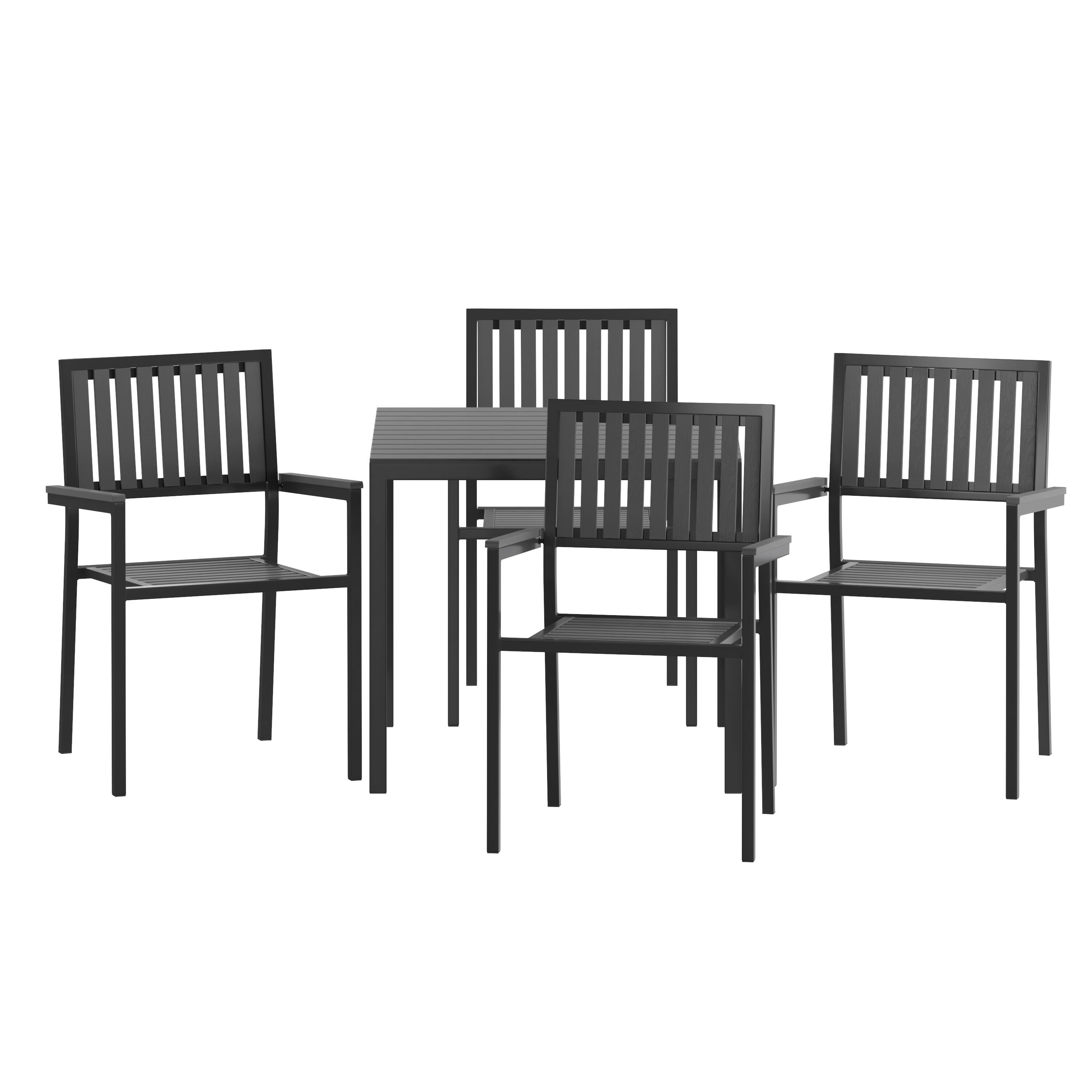 Angle. Flash Furniture - Harris 5 Piece Commercial Indoor/Outdoor Table and Chairs with Black Poly Resin Slatted Backs and Seats - Black.