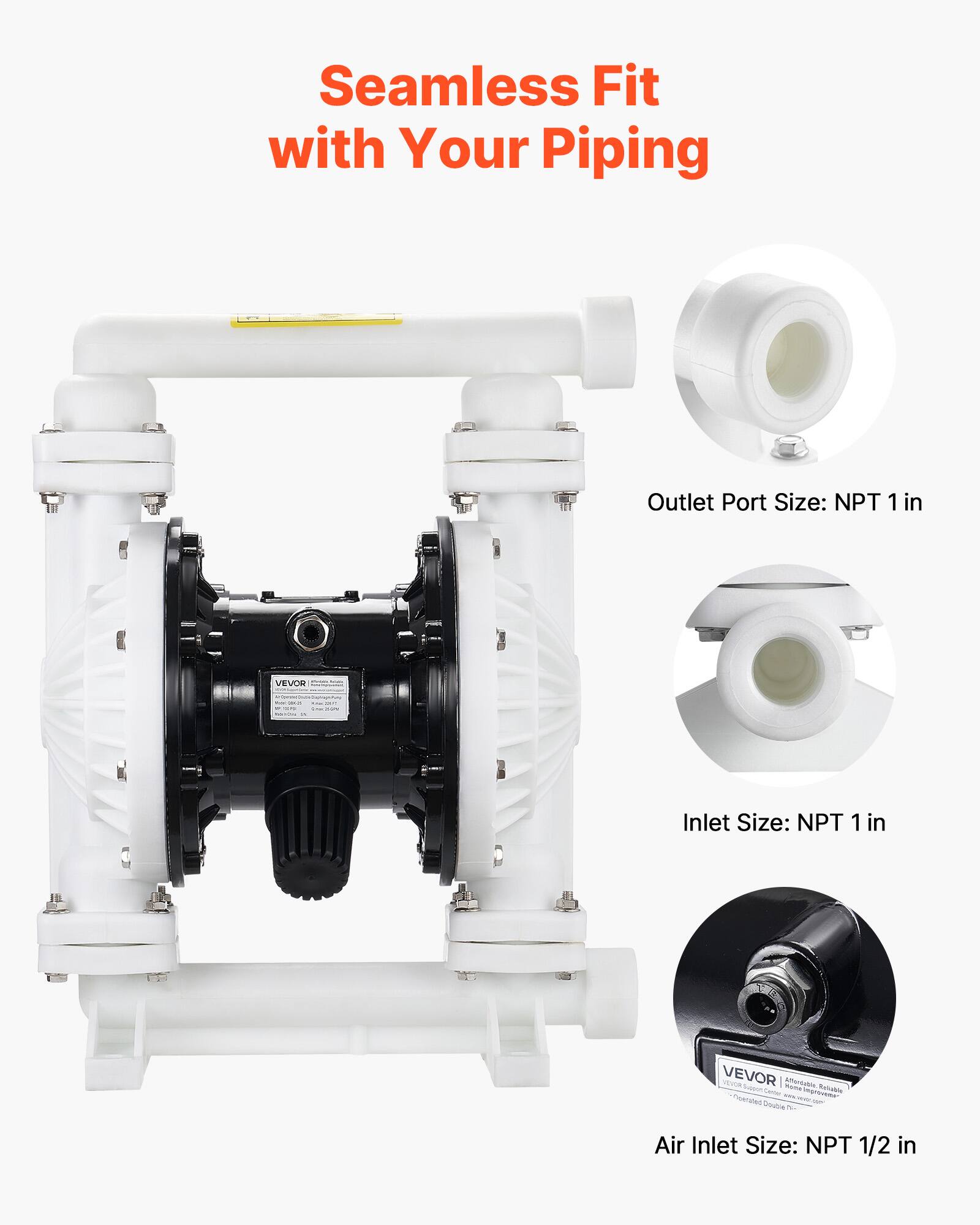 Seamless Fit with Your Piping

Outlet Port Size: NPT 1 in

Inlet Size: NPT 1 in

Air Inlet Size: NPT 1/2 in