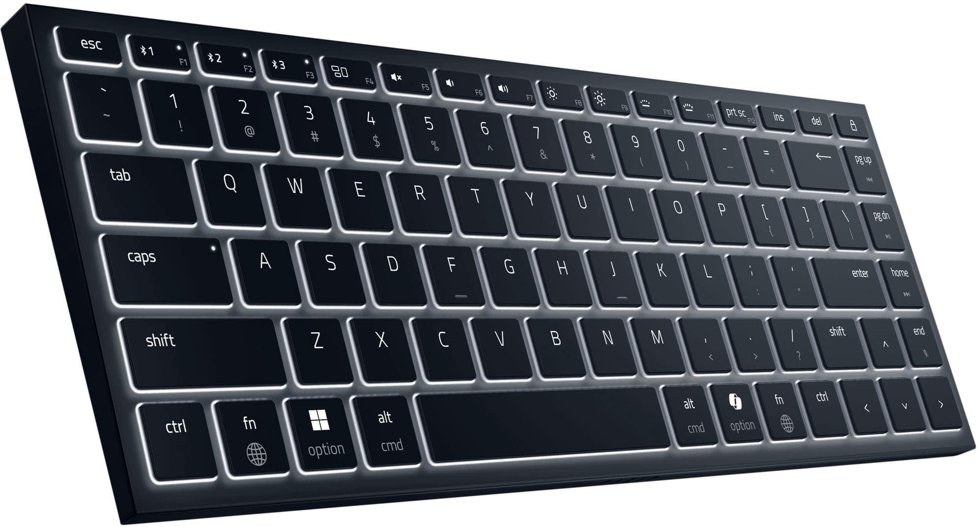 The text on the image is a list of keys on a keyboard. The keys are grouped as follows:
1. Function keys (F1 to F12)
2. Numeric keys (0 to 9)
3. Alphanumeric keys (A to Z)
4. Punctuation and special keys (e.g., @, #, $)
5. Navigation keys (e.g., tab, caps lock, shift, enter, home, page up, page down)
6. Modifier keys (e.g., ctrl, fn, option, alt, cmd)
The image shows a close-up view of a black keyboard with white letters and numbers.