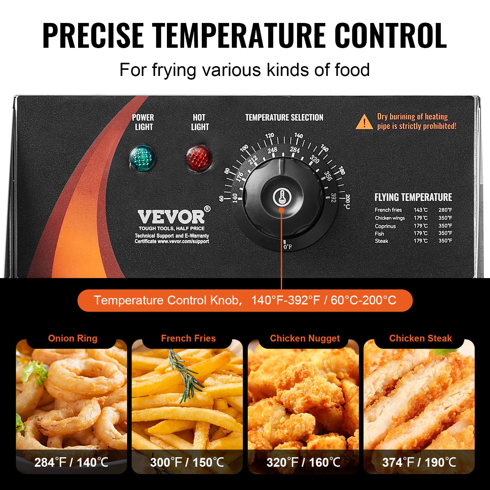PRECISE TEMPERATURE CONTROL  
For frying various kinds of food

POWER LIGHT  
HOT LIGHT

TEMPERATURE SELECTION

Dry burning of heating pipe is strictly prohibited!

FLYING TEMPERATURE  
French fries 143°C / 280°F  
Chicken wings 179°C / 350°F  
Coprinus 179°C / 350°F  
Fish 179°C / 350°F  
Steak 179°C / 350°F

Temperature Control Knob, 140°F-392°F / 60°C-200°C

Onion Ring  
284°F / 140°C

French Fries  
300°F / 150°C

Chicken Nugget  
320°F / 160°C

Chicken Steak  
374°F / 190°C