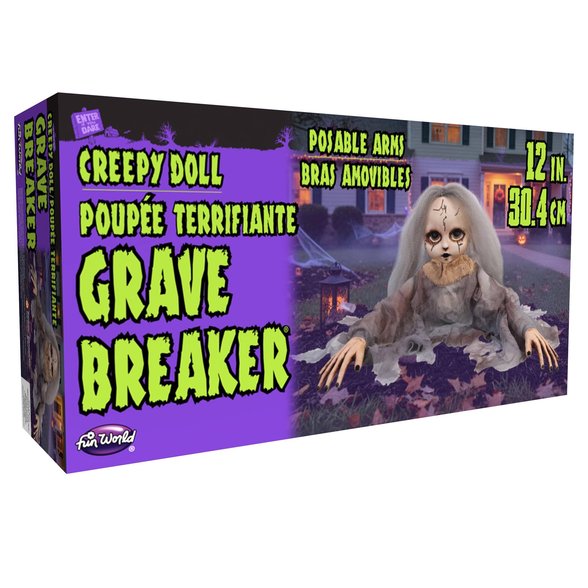 ENTER DARE CREEPY DOLL POUPÉE TERRIFIANTE GRAVE BREAKER  
POSABLE ARMS BRAS AMOVIBLES  
12 IN. 30.4 CM  
Fun World