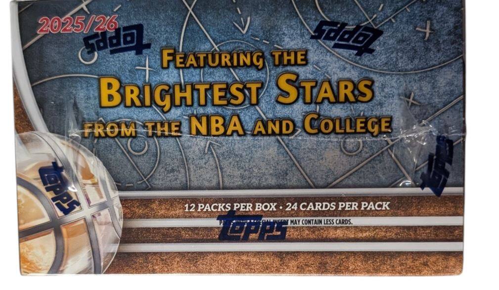 2025/26 Topps  
Featuring the Brightest Stars from the NBA and College  
12 Packs per Box • 24 Cards per Pack  
May Contain Less Cards.
