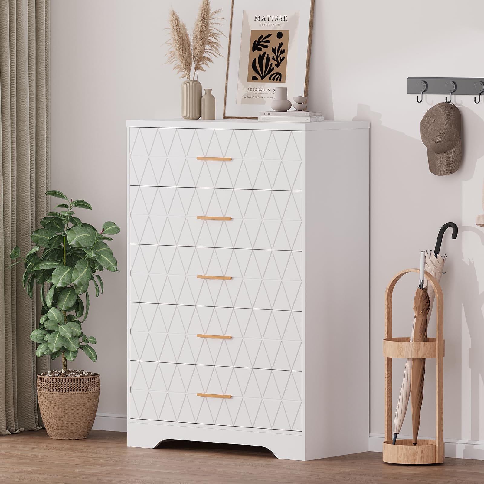 Qeetex - 5 Drawer Tall Wood Dresser for Bedroom, Wooden Chest of Drawers with Gold Handles for Closet - White