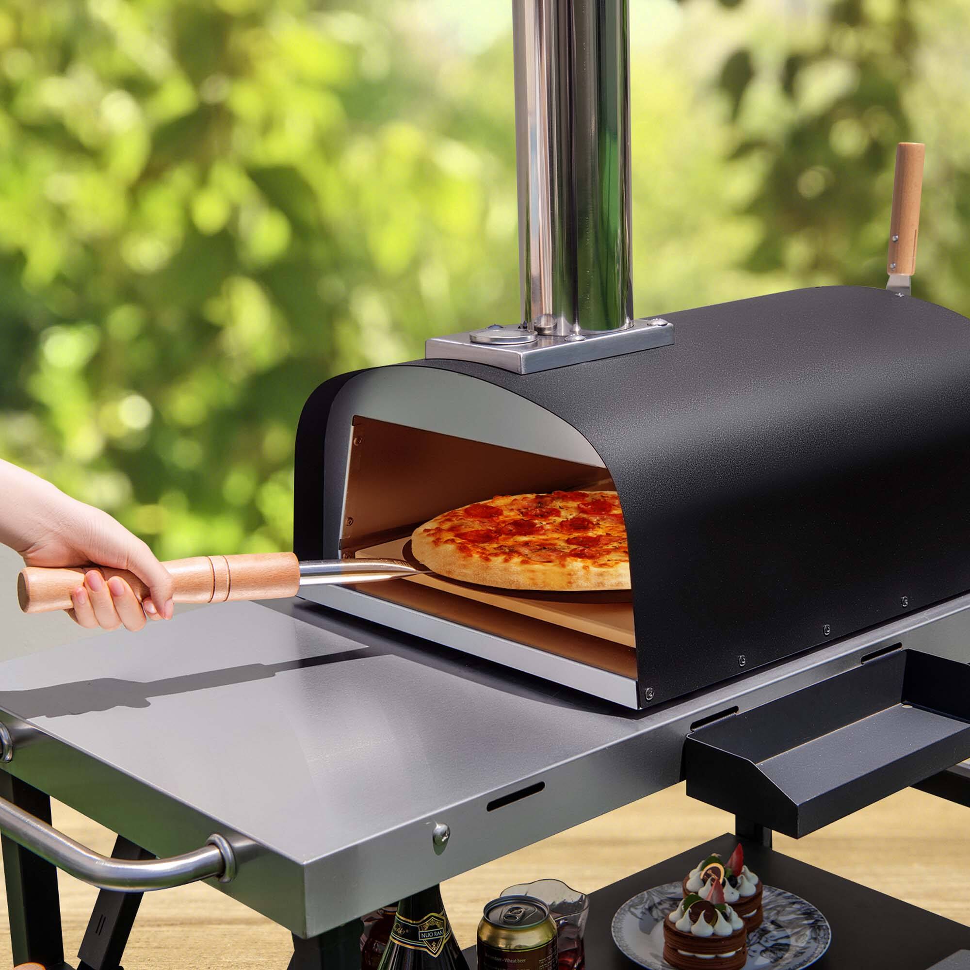 Left. Costway - 12" Multi-Fuel Pizza Oven Propane & Wood Fired Pizza Maker Portable - Silver + Black.