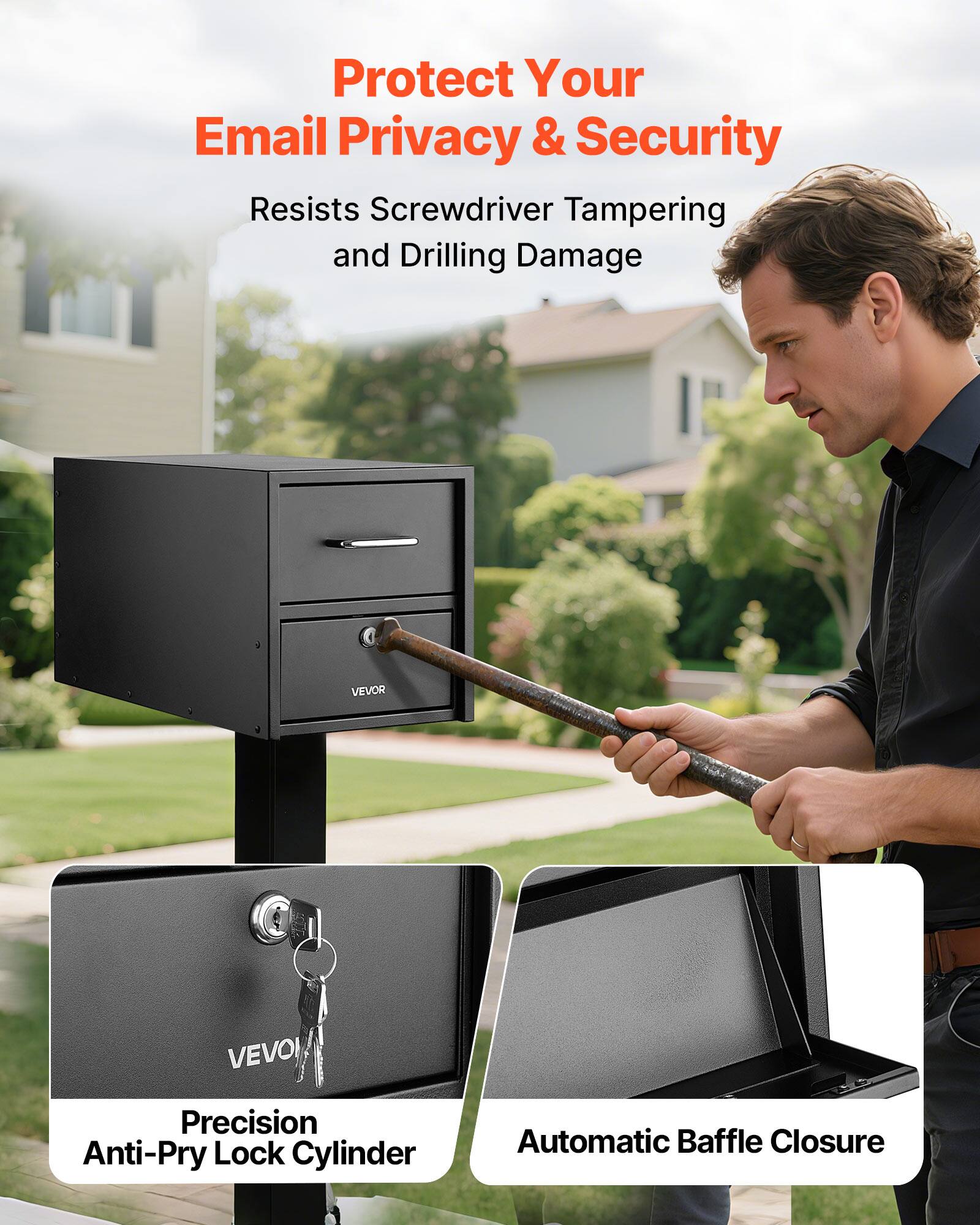 Protect Your Email Privacy & Security  
Resists Screwdriver Tampering and Drilling Damage  

Precision Anti-Pry Lock Cylinder  
Automatic Baffle Closure