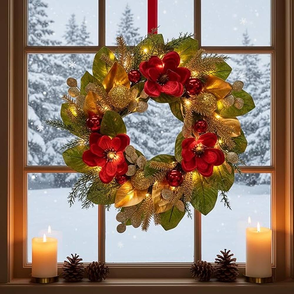 Angle. Schertz - 22-Inch Lighted Xmas Magnolia Wreath – Front Door, Wall, or Window Decoration with Timer and Glitter Accents - Green. Red.