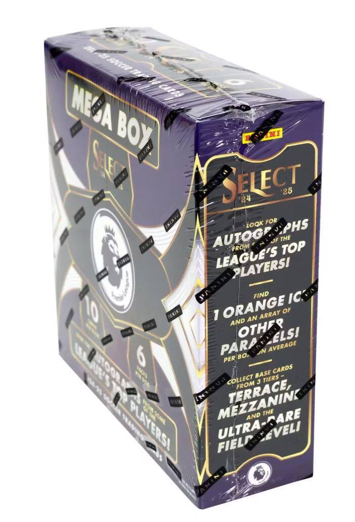 Sure, here is the corrected and grouped text from the image:

---

**MEGA BOY SELECT 25**

**PANINI**

**LOOK FOR AUTOGRAPHS FROM THE LEAGUE'S TOP PLAYERS!**

**FIND 1 ORANGE IC AND AN ARRAY OF OTHER PARALLEL CARDS!**

**PER BOX:**

- **10 AUTOGRAPHS**
- **6 PARALLEL CARDS**
- **1 ORANGE IC**
- **1 AUTOGRAPH FROM THE LEAGUE'S TOP PLAYERS!**
- **1 ORANGE IC AND AN ARRAY OF OTHER PARALLEL CARDS!**
- **COLLECT BASE CARDS FROM 3 TIERS - TERRACE, MEZZANINE, AND THE ULTRA-CAR FIELD LEVEL!**

**PANINI**

---

This text is organized to reflect the information on the box, including the number of autographs, parallel cards, and the tiers of base cards.