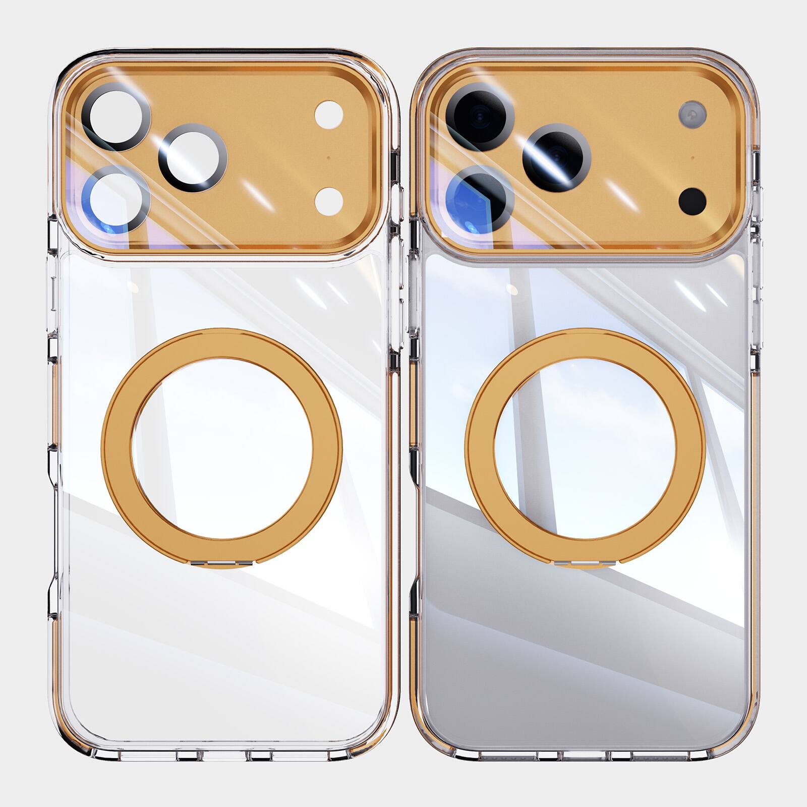 Angle. Dteck - Magnetic Clear Phone Case for Apple iPhone 17 Pro Max with Metal Rotating Stand,Shockproof PC+TPU Slim Transparent Cover - Orange.