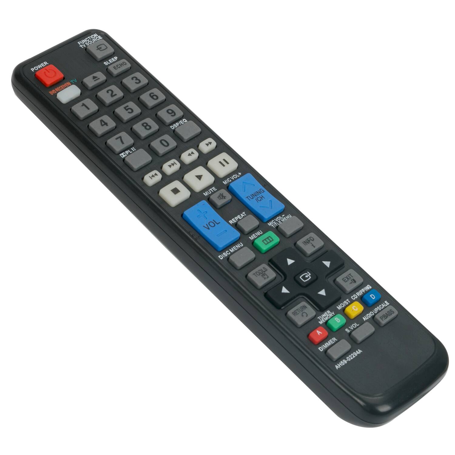 PUNCTION POWER SLEEP ECHO TV  
3 INDRECEN 2 6 1 5 9 4 8 DSP/EQ 7 0 4 CPLI 4 P 1 14 MICVOL+ MIC MUTE  
TUNING ICH VOL REPEAT NC GVOL- TITL H EMENU MENU 0n INFO i DISCMENU TOOLS 5 EXIT -3 CO RIPPING D RETURN MO/ST C UPSCALE  
TUNER B AUDIO PBASS A S S.VOL DIMMER  
AH59-02294A