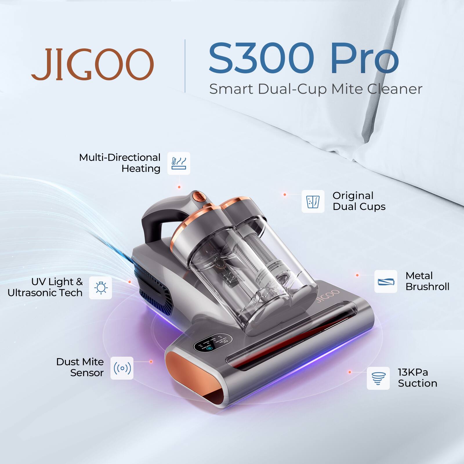 JIGOO S300 Pro Smart Dual-Cup Mite Cleaner Multi-Directional Heating Original B Dual Cups UV Light & Ultrasonic Tech JICOO Metal Brushroll - Dust Mite Sensor (0)) 13KPa Suction