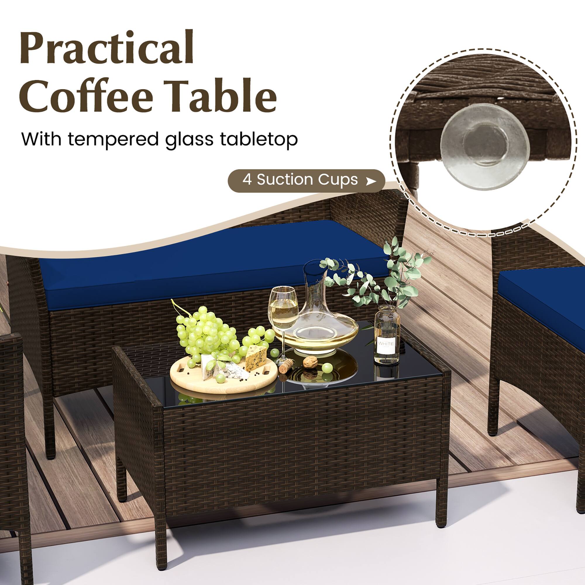 Practical Coffee Table  
With tempered glass tabletop  
4 Suction Cups