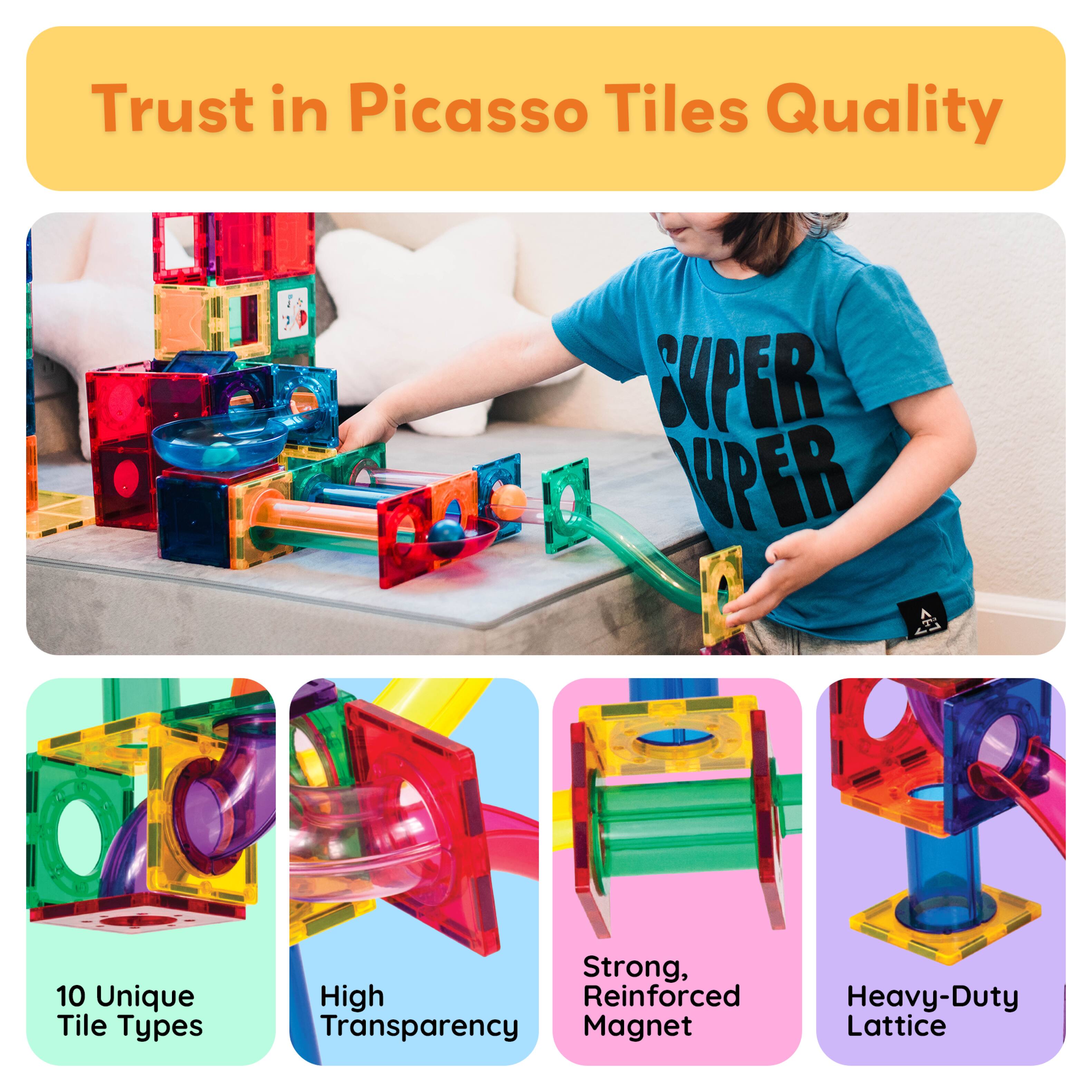 Trust in Picasso Tiles Quality

10 Unique Tile Types
High Transparency
Strong, Reinforced Magnet
Heavy-Duty Lattice