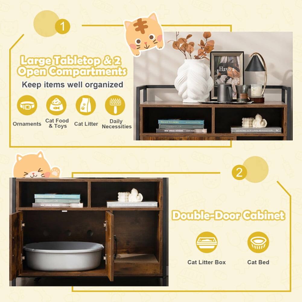 1. Large Tabletop & 2 Open Compartments  
   Keep items well organized  
   - Ornaments  
   - Cat Food & Toys  
   - Cat Litter  
   - Daily Necessities  

2. Double-Door Cabinet  
   - Cat Litter Box  
   - Cat Bed