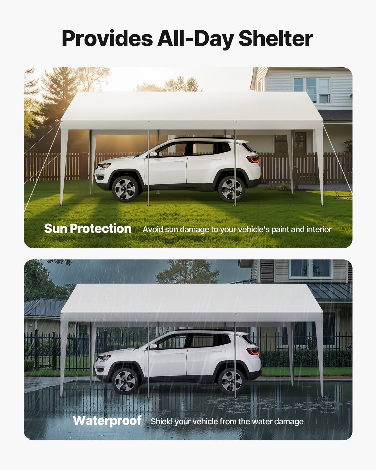 Provides All-Day Shelter

Sun Protection
Avoid sun damage to your vehicle's paint and interior

Waterproof
Shield your vehicle from the water damage