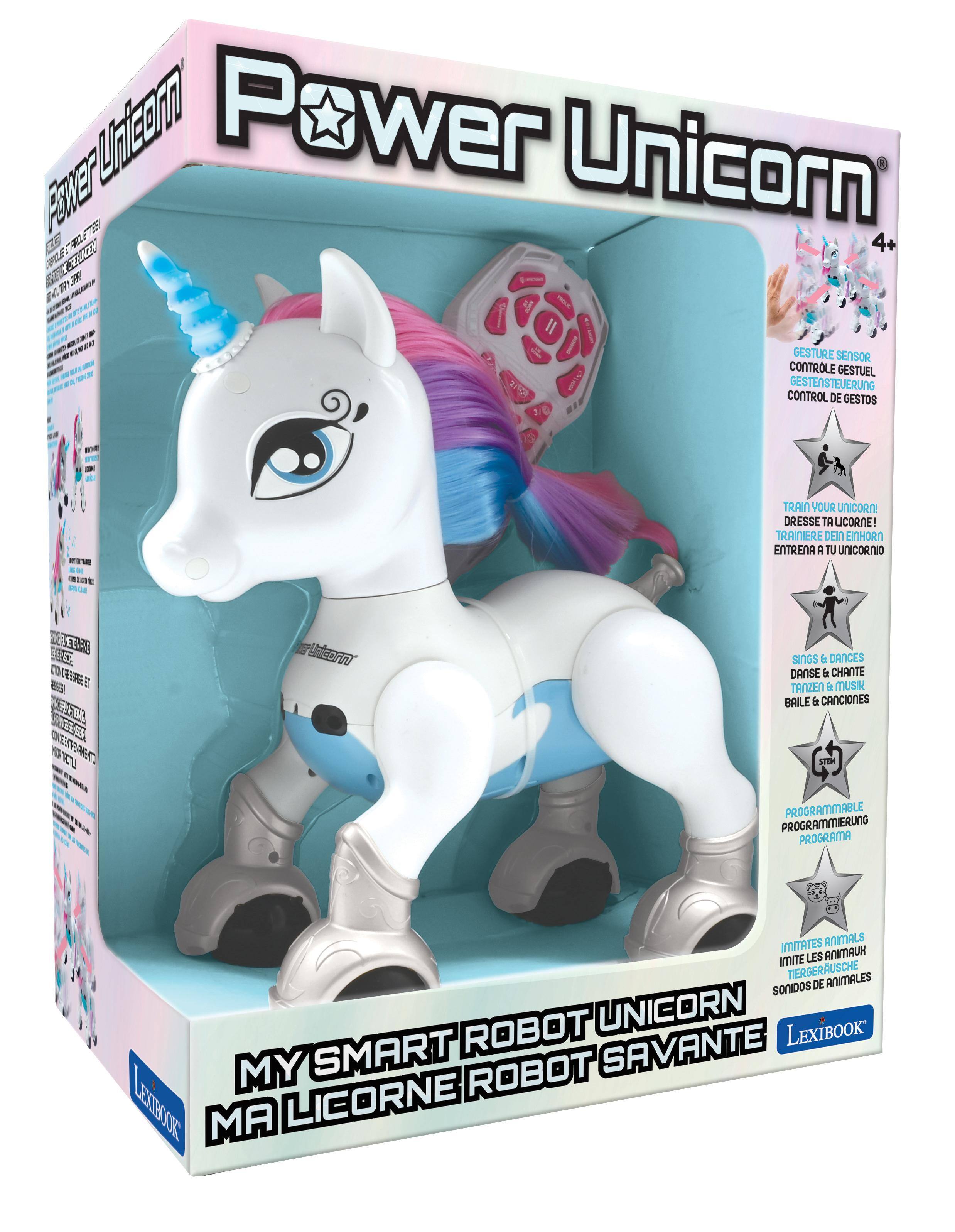 Power Unicorn  
4+  
Gesture Sensor  
Controlle Gestuel  
Gestensteuerung  
Control de Gestos  
1/6 H  
Train Your Unicorn!  
Dresse Ta Licorne!  
Trainiere Dei Einhorn  
Entrena A Tu Unicornio  
Sings & Dances  
Danse & Chante  
Tanzen & Musik  
Baile & Canciones  
Programmable  
Programmierung  
Programa  
Imitates Animals  
Imite Les Animaux  
Tiergerusche  
Sonidos de Animales  
My Smart Robot Unicorn  
Ma Licorne Robot Savante  
LexiBook