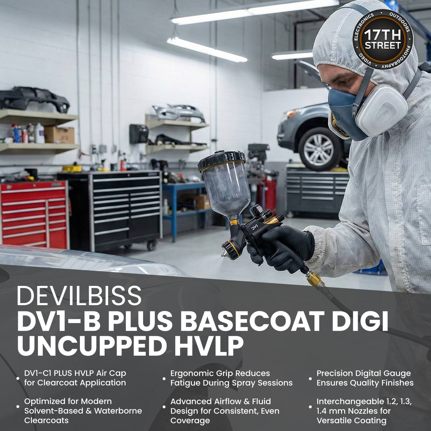 ELECTRONICS OUTDOORS 17TH STREET

DEVILBISS DV1-B PLUS BASECOAT DIGI UNCUPPED HVLP

- DV1-C1 PLUS HVLP Air Cap for Clearcoat Application
- Optimized for Modern Solvent-Based & Waterborne Clearcoats
- Ergonomic Grip Reduces Fatigue During Spray Sessions
- Advanced Airflow & Fluid Design for Consistent, Even Coverage
- Precision Digital Gauge Ensures Quality Finishes
- Interchangeable 1.2, 1.3, 1.4 mm Nozzles for Versatile Coating