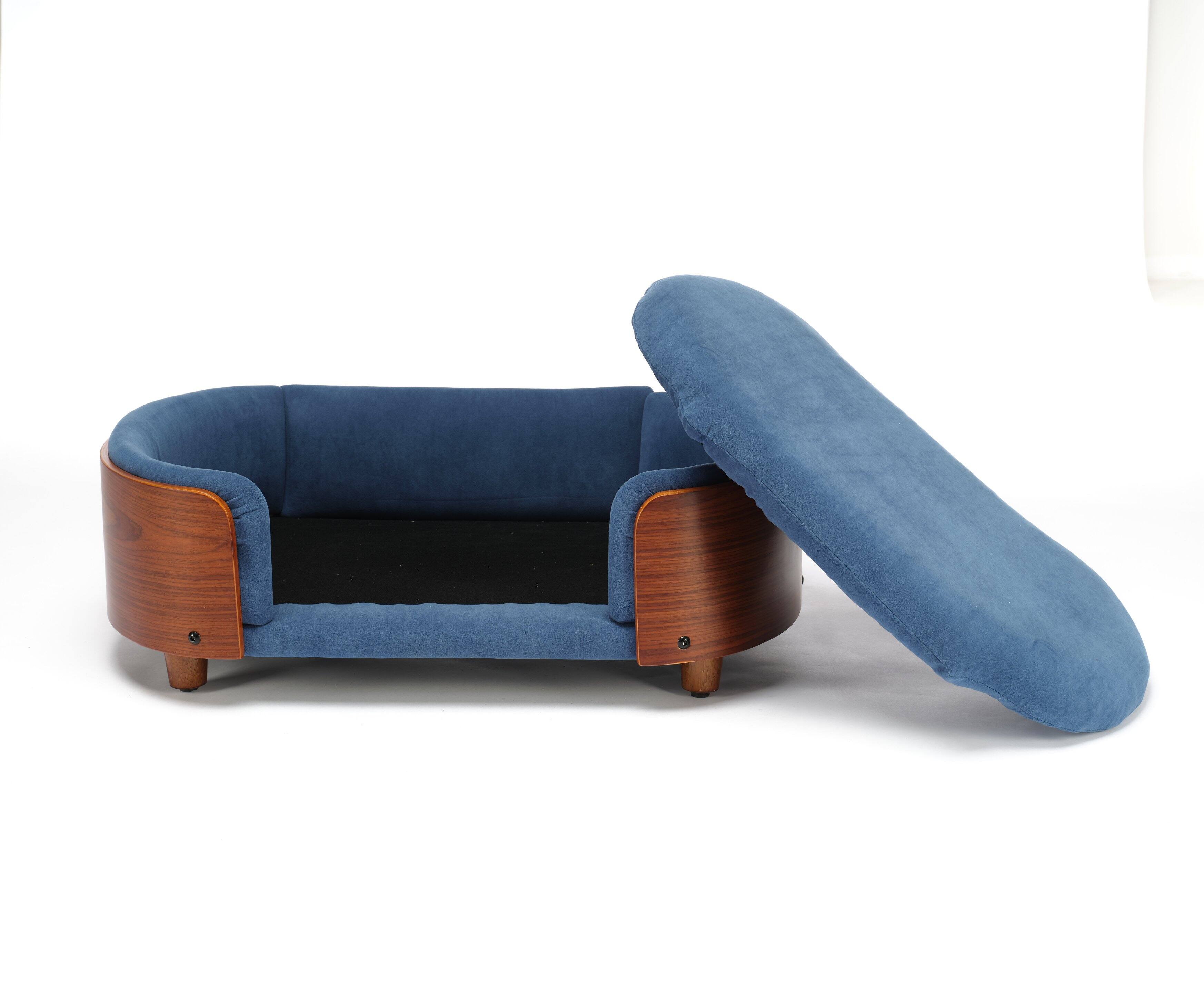 Alt View 8. Siljoy - Small Walnut Pet Sofa, Scandinavian Dog Bed with Solid Wood Legs & Dark Blue Velvet Cushion - Dark Blue.