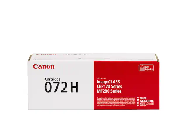 Canon Cartridge 072H ImageClass LBP170 Series MF280 Series For optimum print quality. We recommend using genuine Canon toner cartridges. Pour une qualité d'impression optimale, nous recommandons utiliser authentiques cartouches toner Canon. Para um melhor qualidade de impresso, recomendamos cartuchos de tner Canon originales.