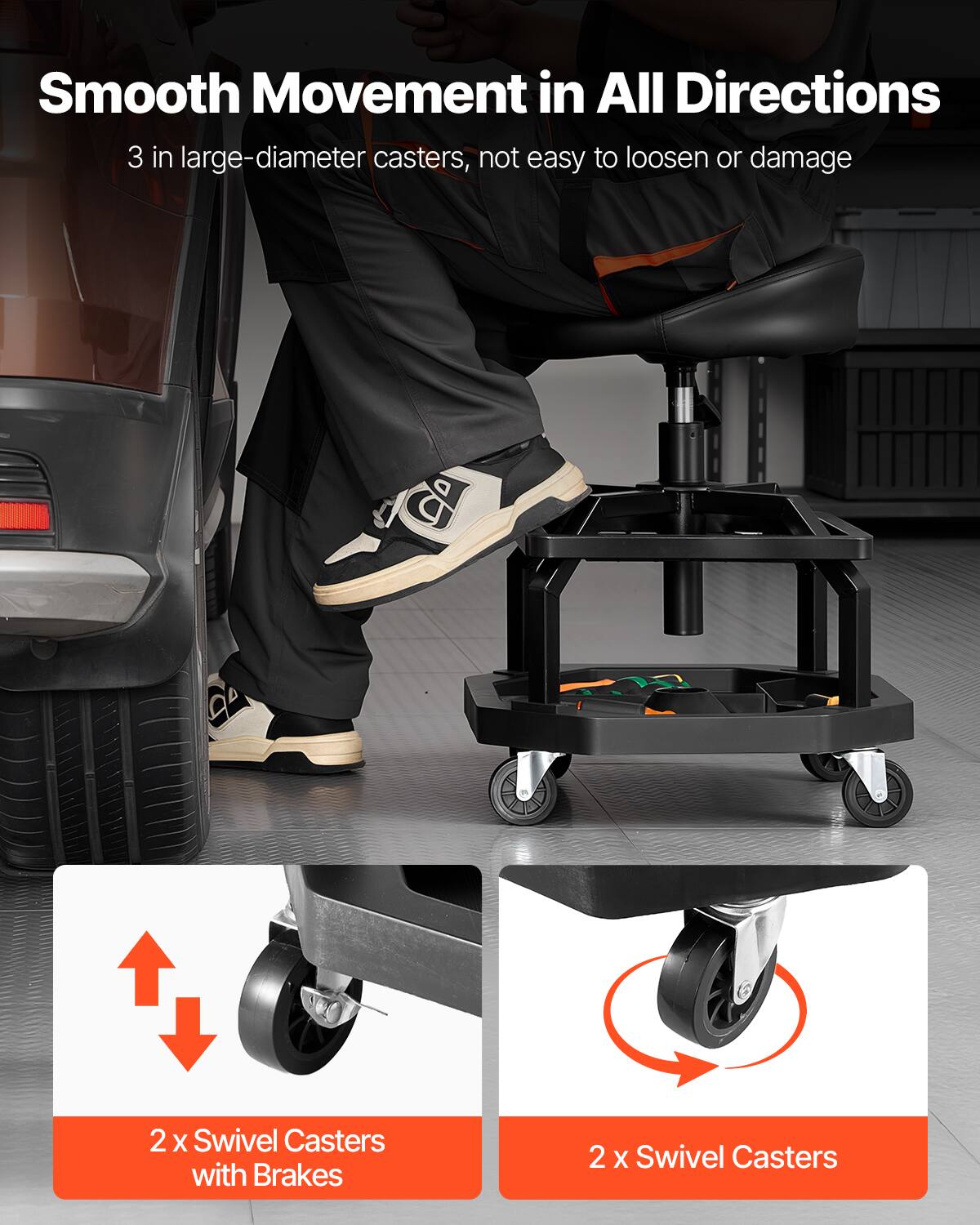 Smooth Movement in All Directions  
3 in large-diameter casters, not easy to loosen or damage  
2 x Swivel Casters with Brakes  
2 x Swivel Casters