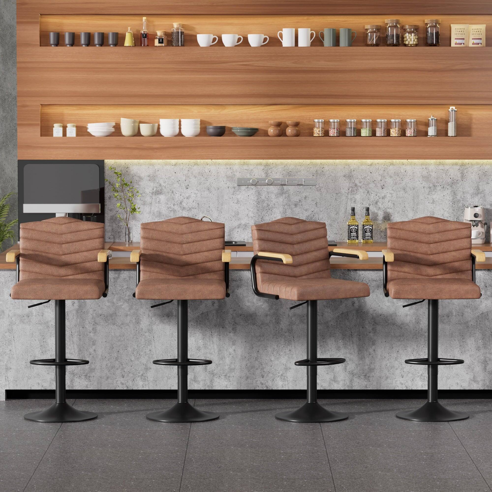 Back. Vecelo - Set of 2 PU Leather Bar Stool with Adjustable Height - Brown Swivel Bar Stool with Footrest - Brown.