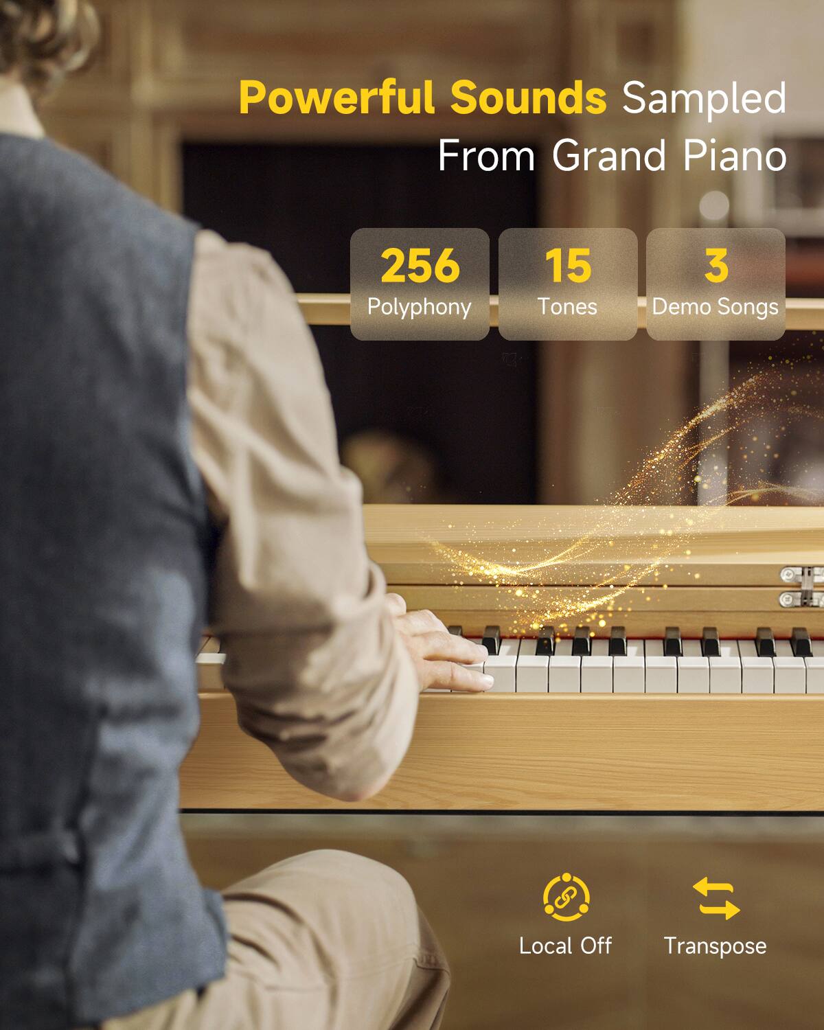 Powerful Sounds Sampled From Grand Piano, 256 Polyphony, 15 Tones, 3 Demo Songs, Local Off, Transpose