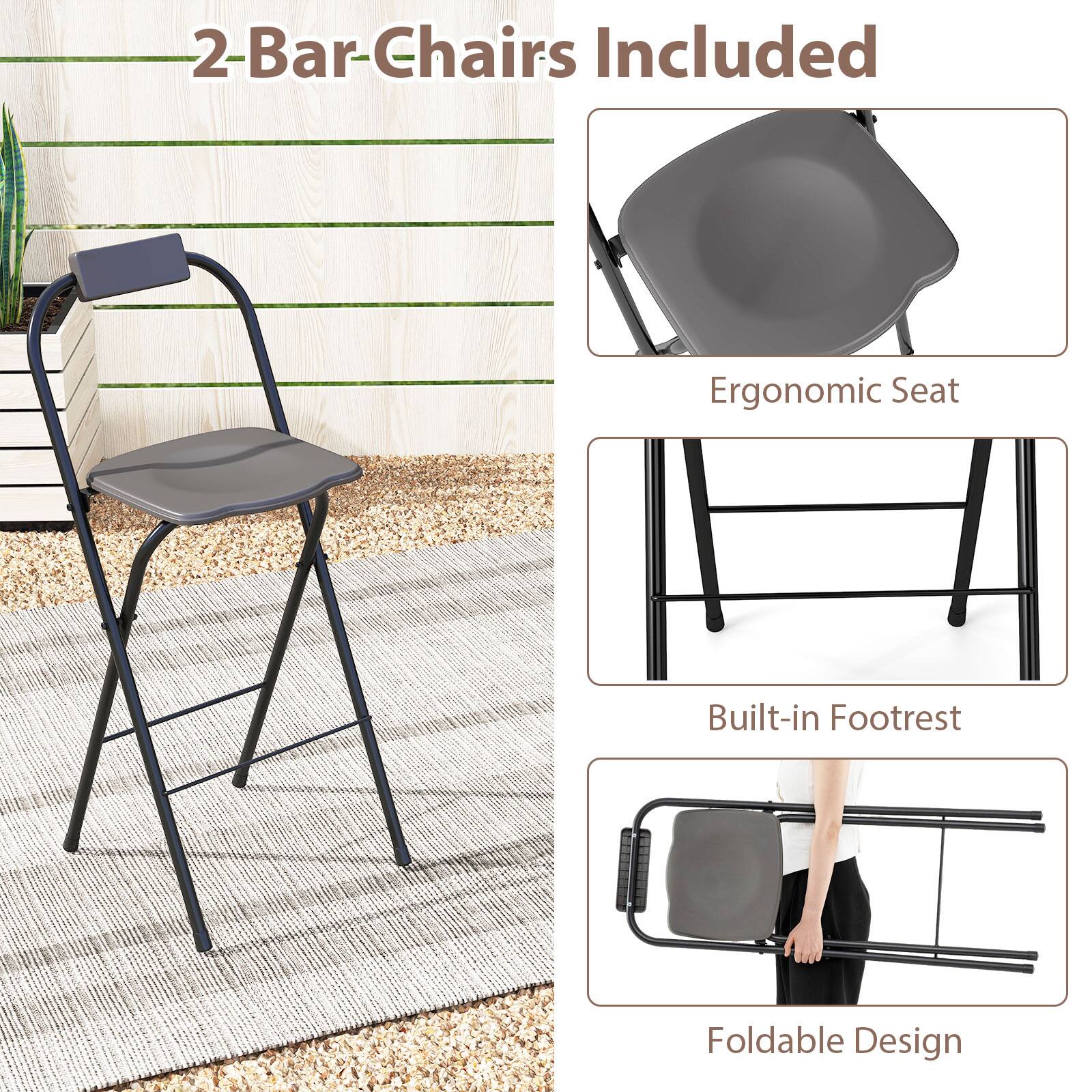 2-Bar-Chairs Included  
Ergonomic Seat  
Built-in Footrest  
Foldable Design