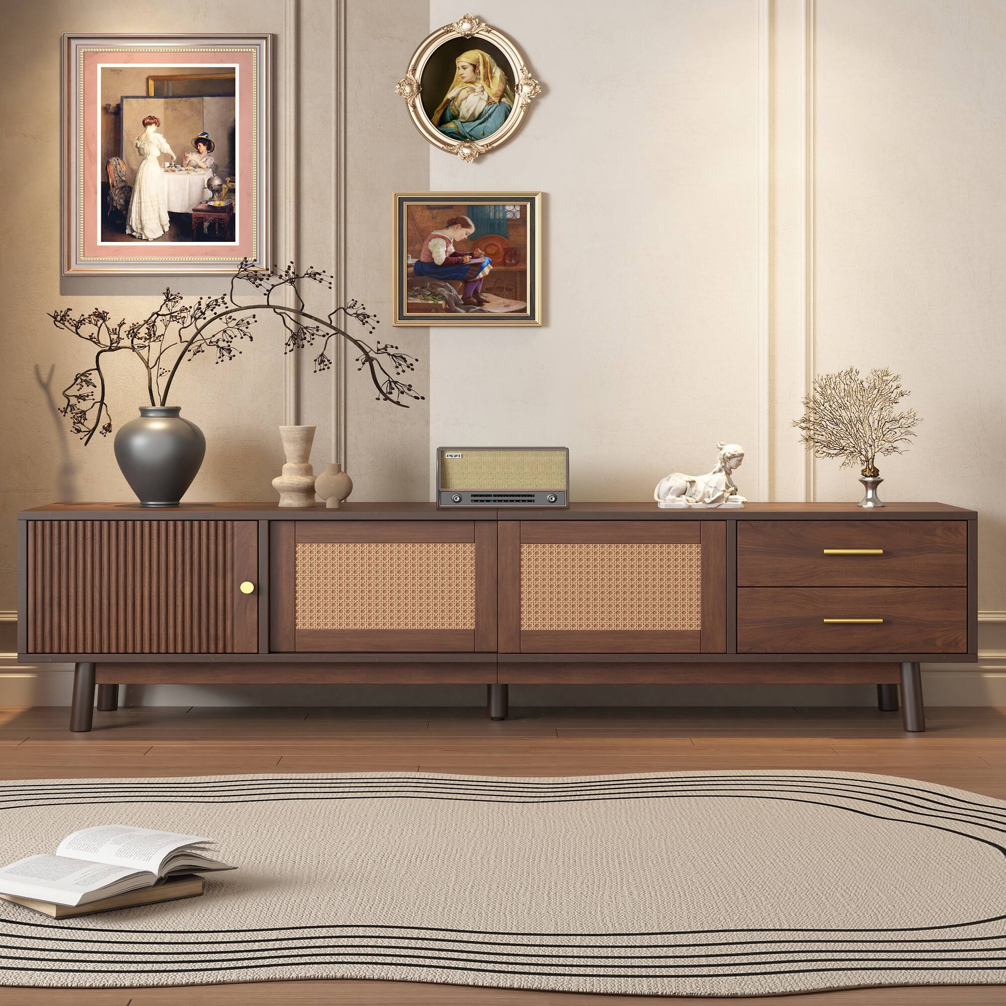 Angle. Dexmalle - Dexmalle-Mid Century TV Stand for 80 Inch TVs Entertainment Center with Sliding Doors and Drawers-Walnut - Brown.