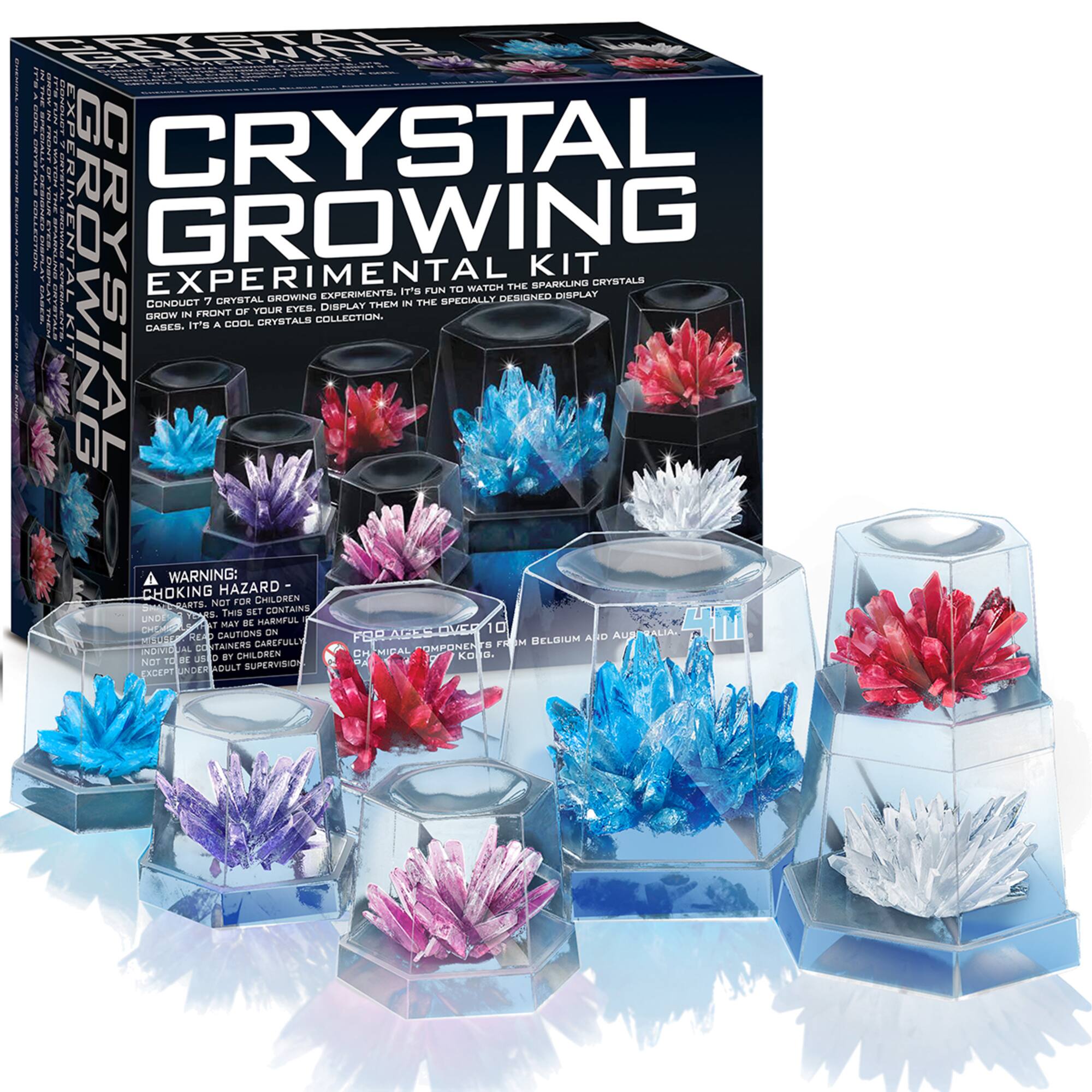 CRYSTAL GROWING KIT  
EXPERIMENTAL KIT  
CONDUCT 7 CRYSTAL GROWING EXPERIMENTS. IT'S FUN TO WATCH THE SPARKLING CRYSTALS GROW IN THE SPECIALLY DESIGNED DISPLAY CASES. IT'S A COOL OR CRYSTALS COLLECTION. EXPERIMENTS. DISPLAY THEM IN THE FUN SPECIALLY DESIGNED DISPLAY CASES.  
WARNING: CHOKING HAZARD - NOT FOR CHILDREN. THIS SET CONTAINS SMALL PARTS. NOT FOR CHILDREN UNDER 10.  
FOR AGES OVER 10.  
CAUTION: MAY BE HARMFUL IF INGESTED.  
NOT TO BE USED BY CHILDREN UNDER 10.  
ADULT SUPERVISION REQUIRED.  
MADE IN BELGIUM AND AUSTRALIA.