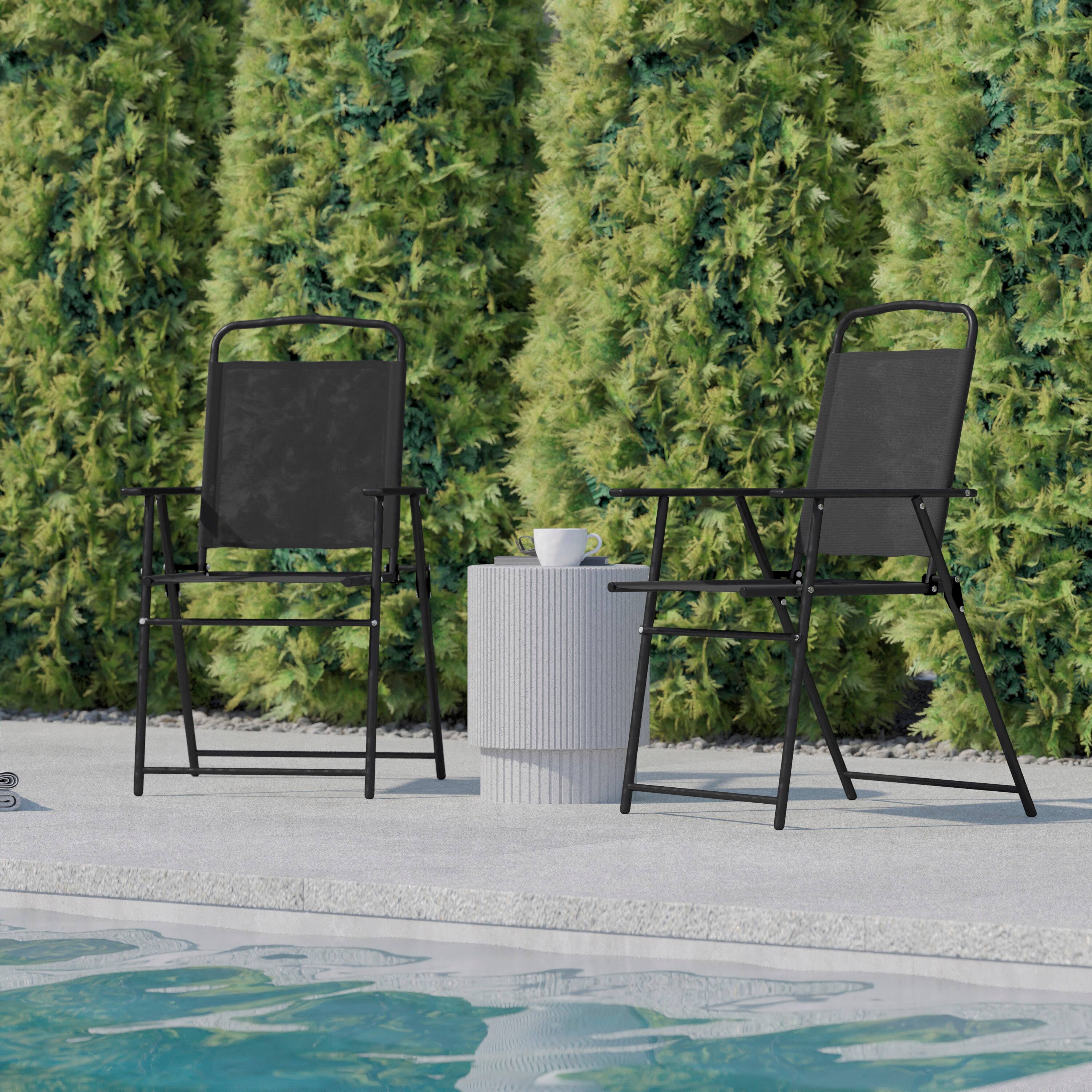 Alt View 4. Flash Furniture - Set of 2 Mystic Folding Patio Sling Chairs, Outdoor Textilene Lawn Chairs with Armrests in Black - Black.