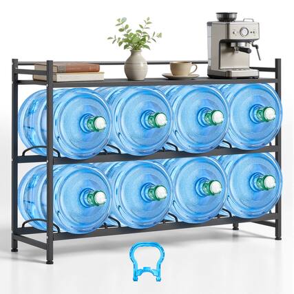 Front. VEVOR - Water Jug Holder, 3 Tiers 4 Rows 3 and 5 Gallon Water Bottle Holder for 8 Bottles, Heavy Duty Jug Rack Organizer - Black.