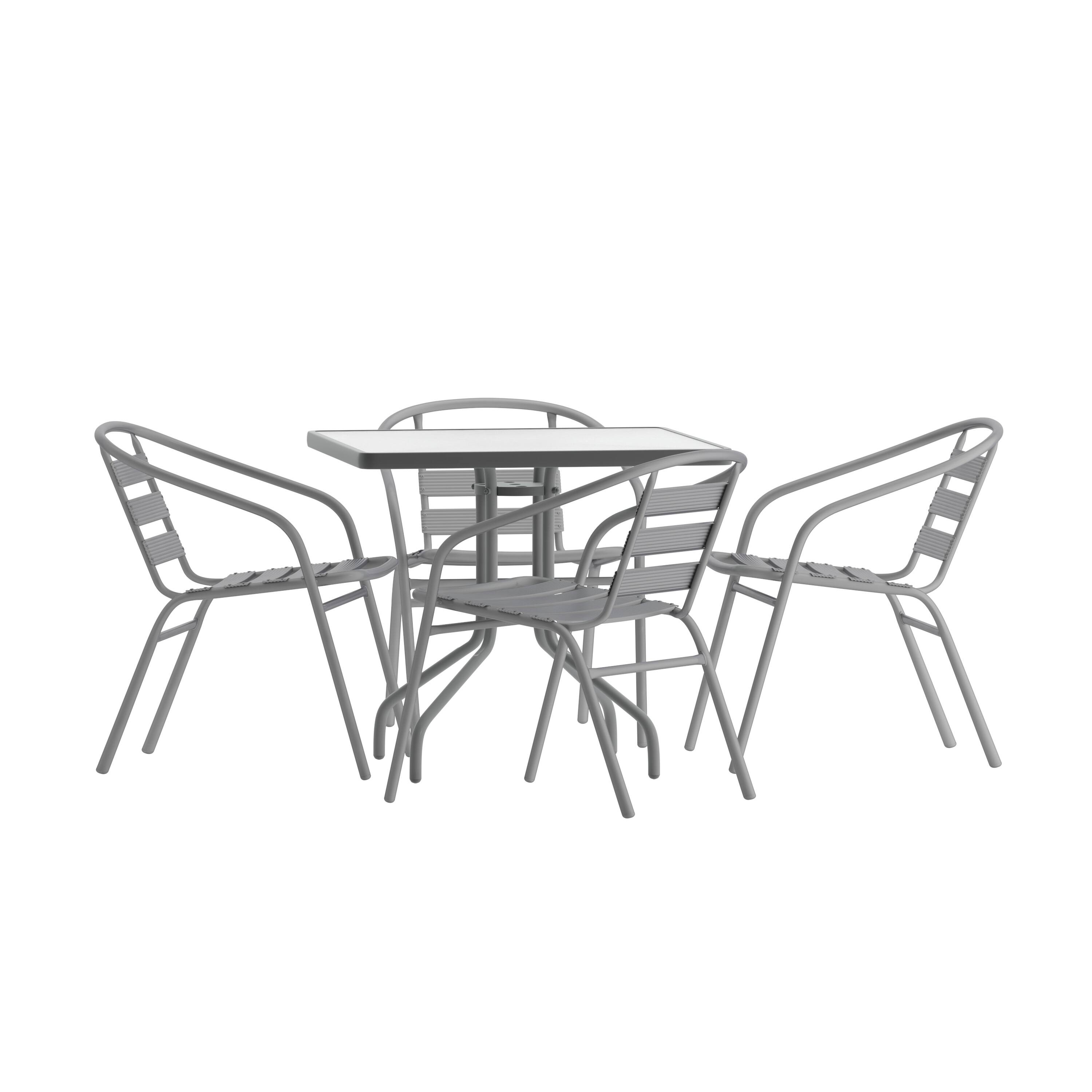 Front. Emma + Oliver - Rhea 31.5'' Square Glass Top Metal Table with 4 Aluminum Slat Stack Chairs - Silver.