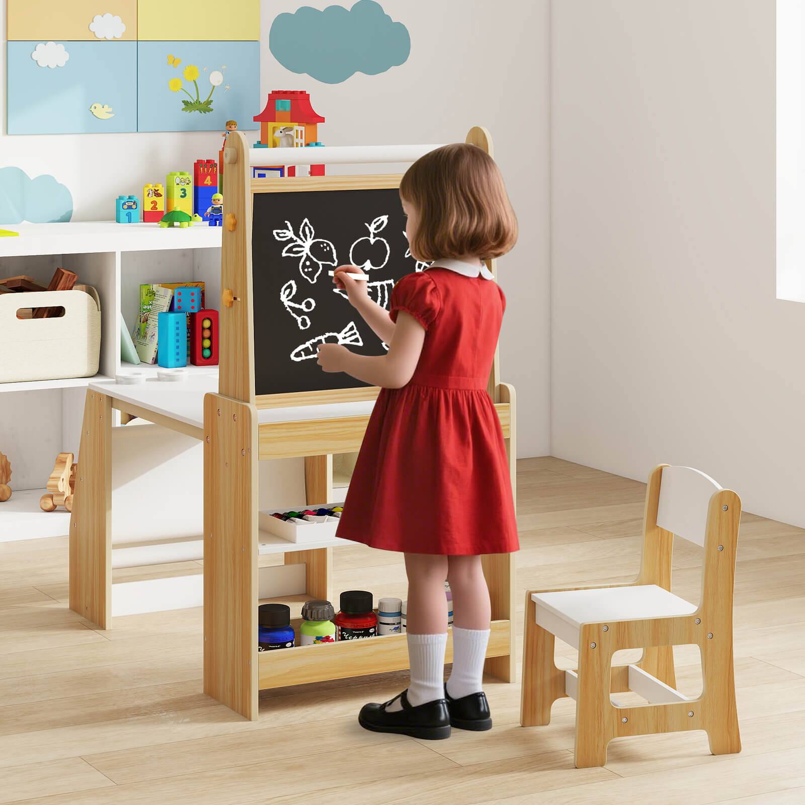 Alt View 3. Costway - Costway Kids Art Table and Chair Set with  Easel & Chairboard & Chalkboard Paper Roll - Beige.
