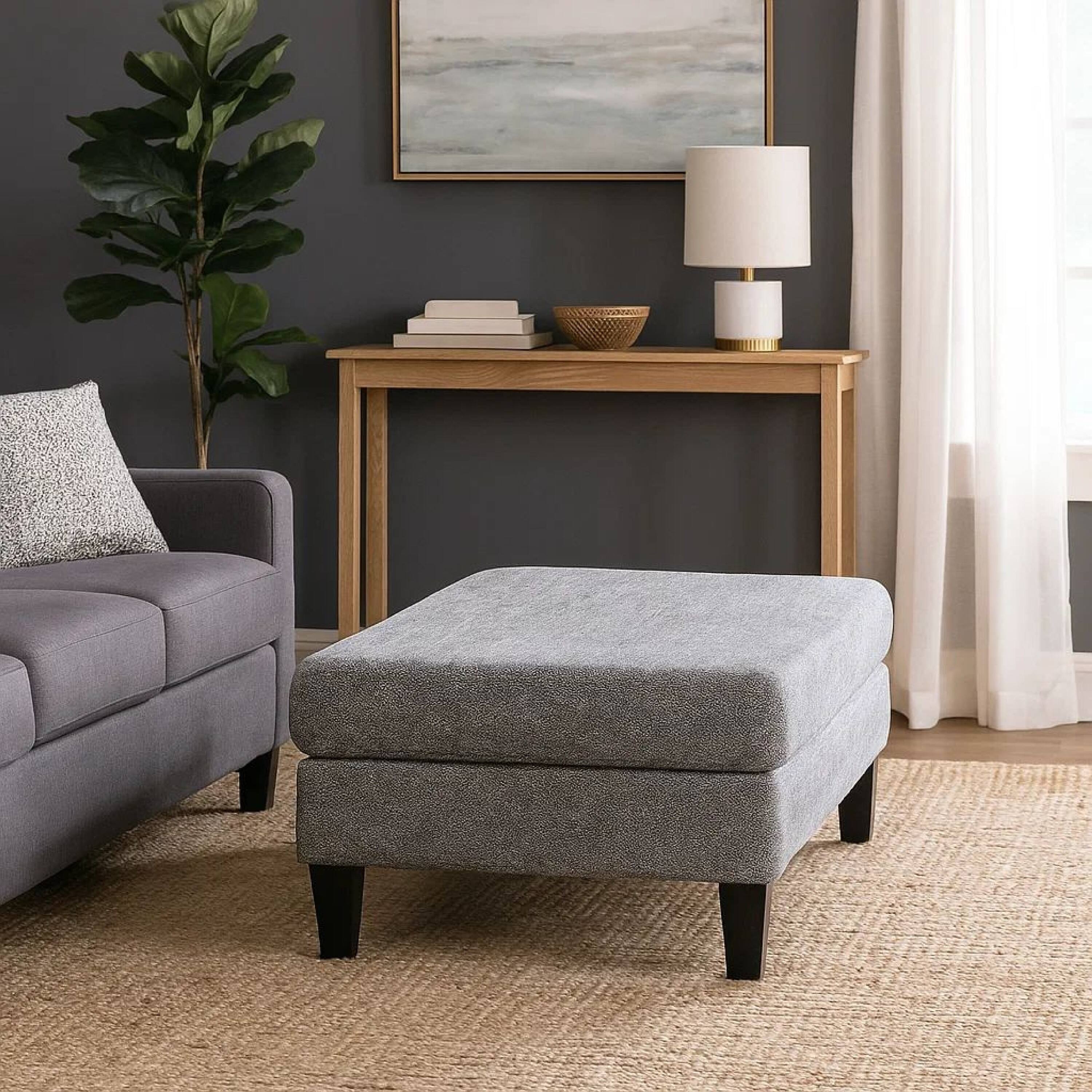 Alt View 7. Manhattan Lane - Fabric Upholstered Wooden Ottoman with Tapered Legs - Gray.
