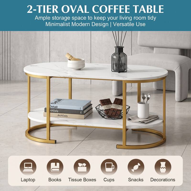2-TIER OVAL COFFEE TABLE  
Ample storage space to keep your living room tidy  
Minimalist Modern Design | Versatile Use  

Detail  
rchDaily  
ArchDaily  

Laptop  
Books  
Tissue Boxes  
Cups  
Snacks  
Decorations