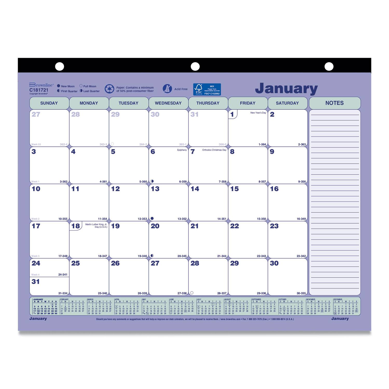 Brownline - Monthly Desk Pad Calendar 3 Hole Punched 11 x 8.5 White Blue Green Sheets Black Binding 12 Month Jan to Dec 2026