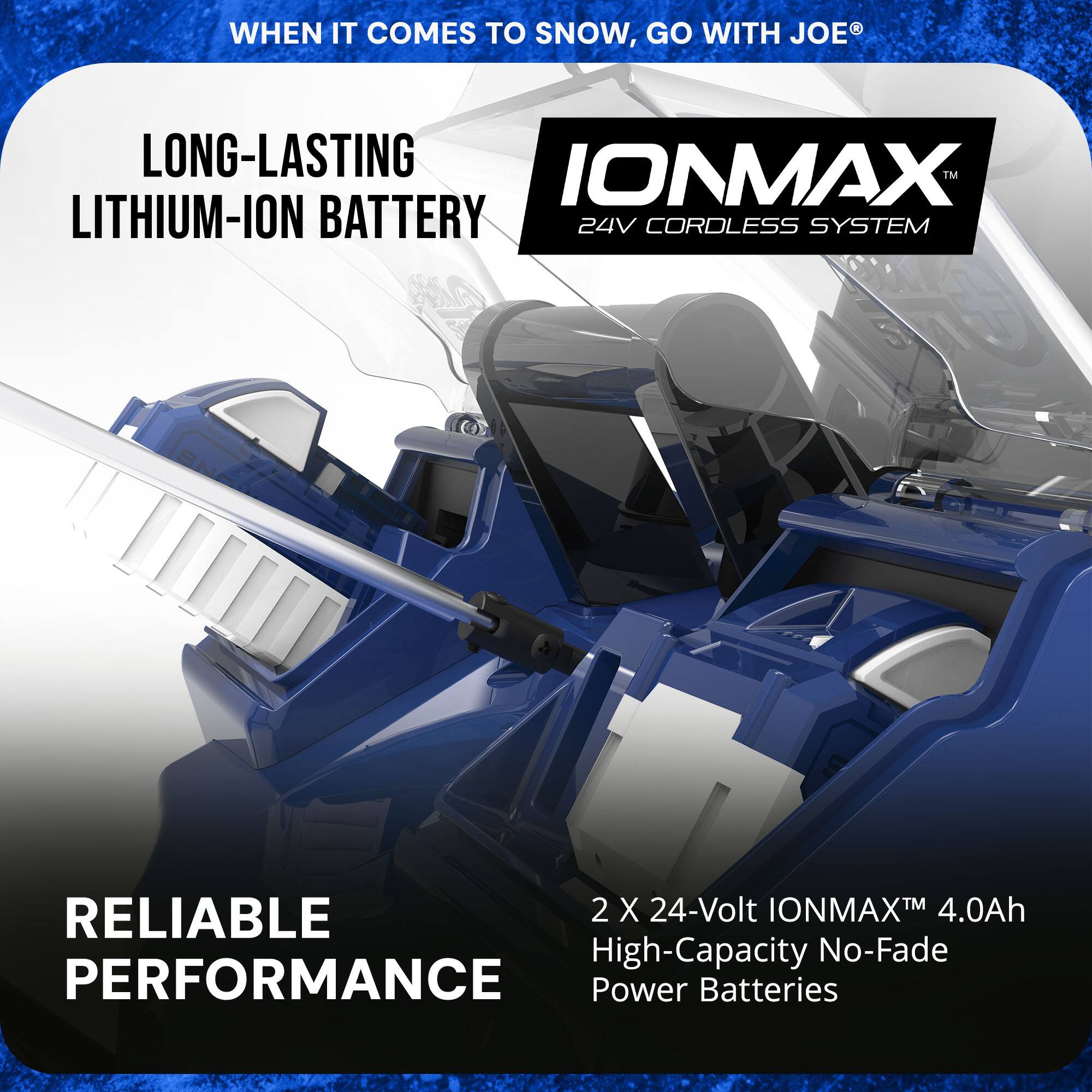 Sure, here is the corrected and grouped text from the image:

---

**WHEN IT COMES TO SNOW, GO WITH JOE®**

**LONG-LASTING LITHIUM-ION BATTERY**

**IONMAX™ 24V CORDLESS SYSTEM**

**RELIABLE PERFORMANCE**

**2 X 24-Volt IONMAX™ 4.0Ah High-Capacity No-Fade Power Batteries**

---