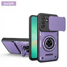 Front. Dteck - Shockproof Case for Samsung Galaxy A37 5G with Slide Lens Protector, 360° Rotatable Ring Kickstand Rugged Cover - Purple.