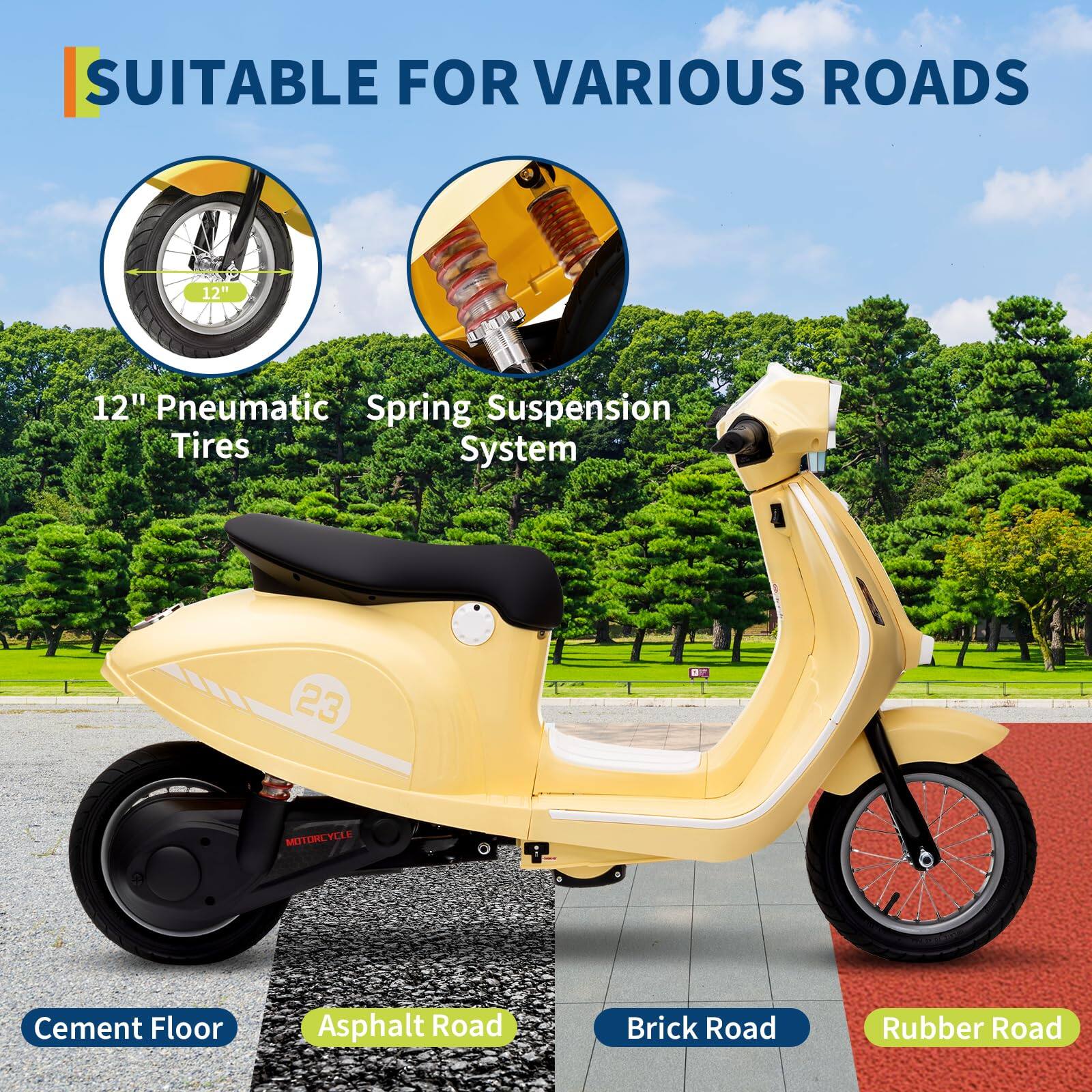 SUITABLE FOR VARIOUS ROADS

12" Pneumatic Tires  
Spring Suspension System

Cement Floor  
Asphalt Road  
Brick Road  
Rubber Road