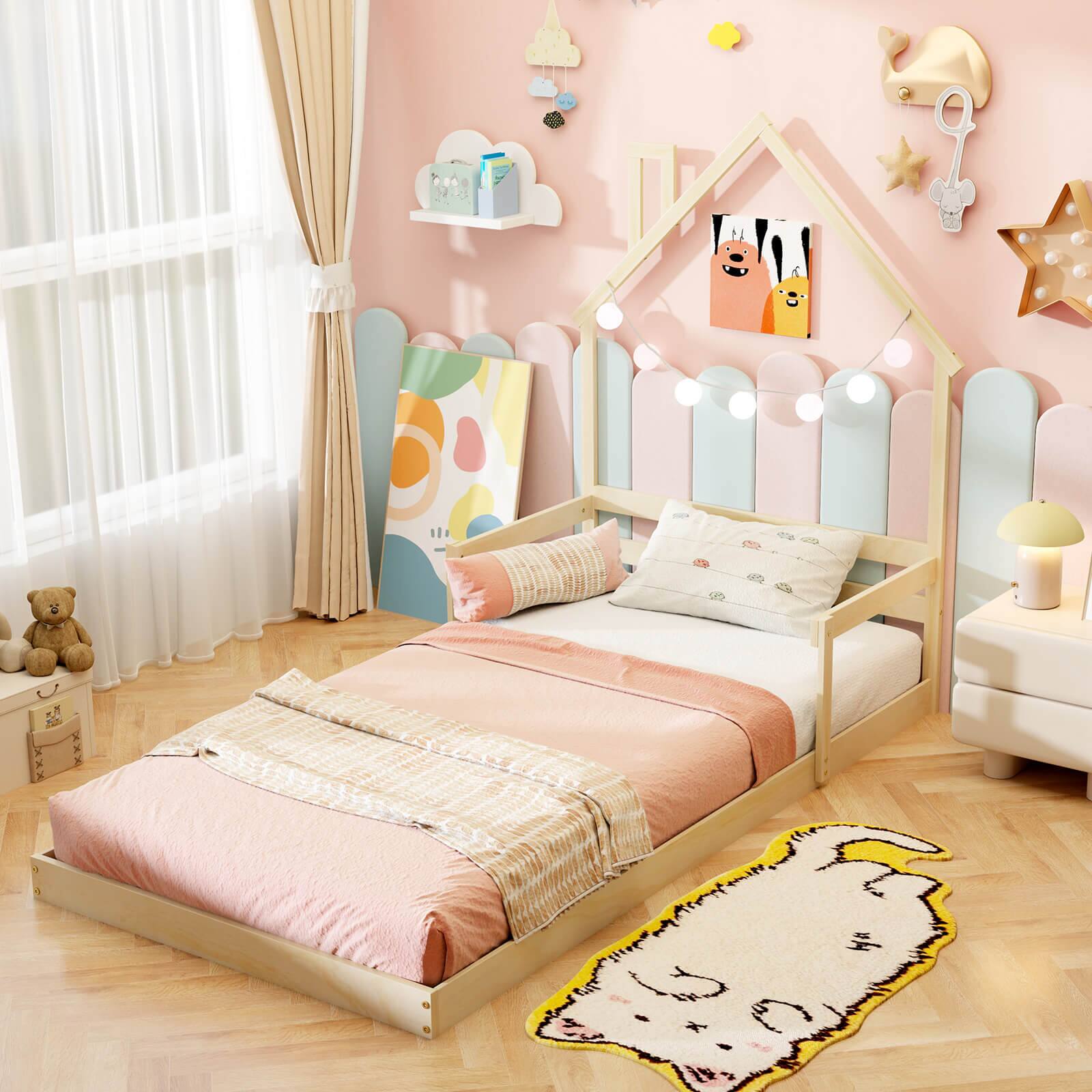 Alt View 1. Costway - Costway Twin Size Floor Bed for Kids with Chimney Headboard & Handrail Natural - Natural.
