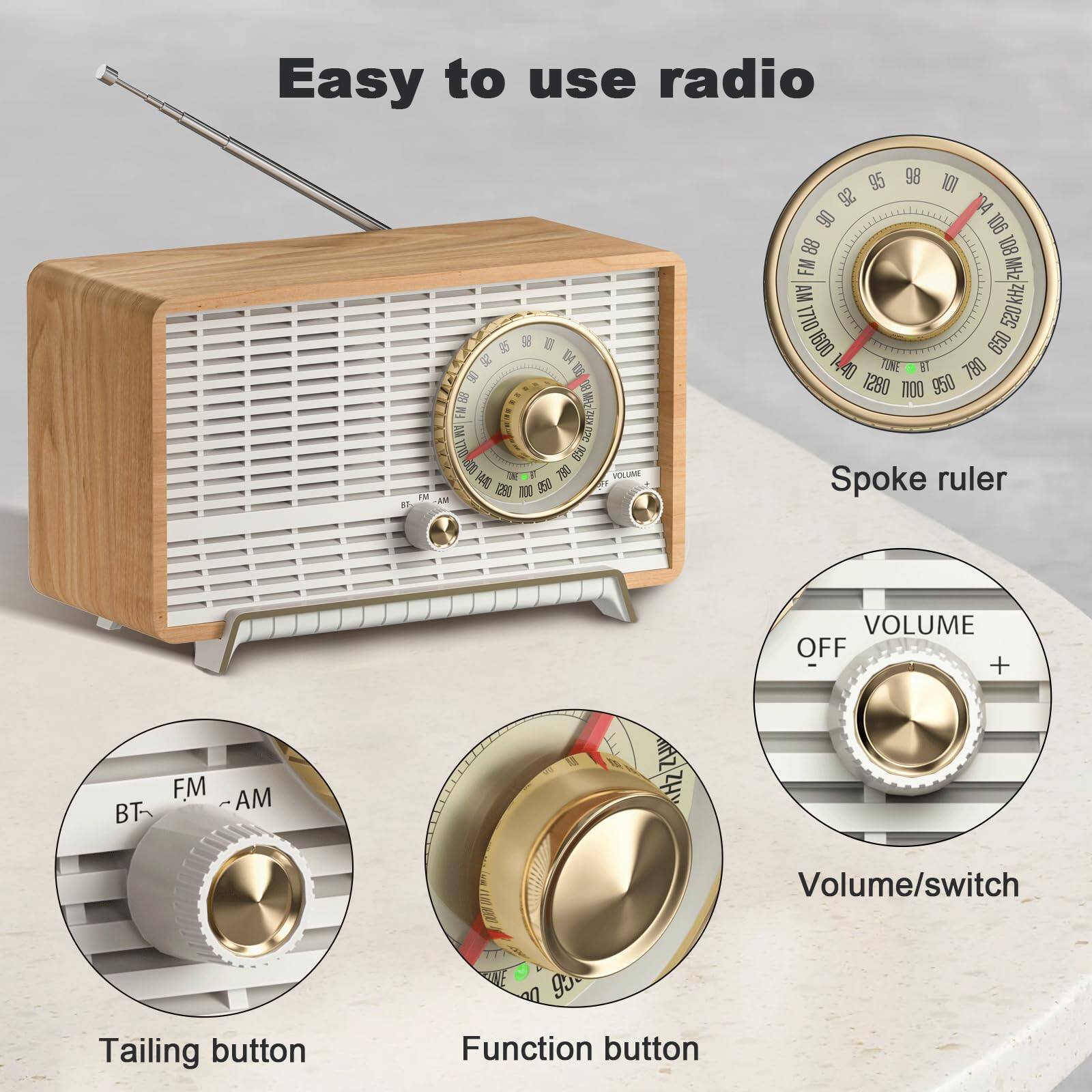 Easy to use radio

- Spoke ruler
- Volume/switch
- Function button
- Tailing button
- BT - FM - AM
