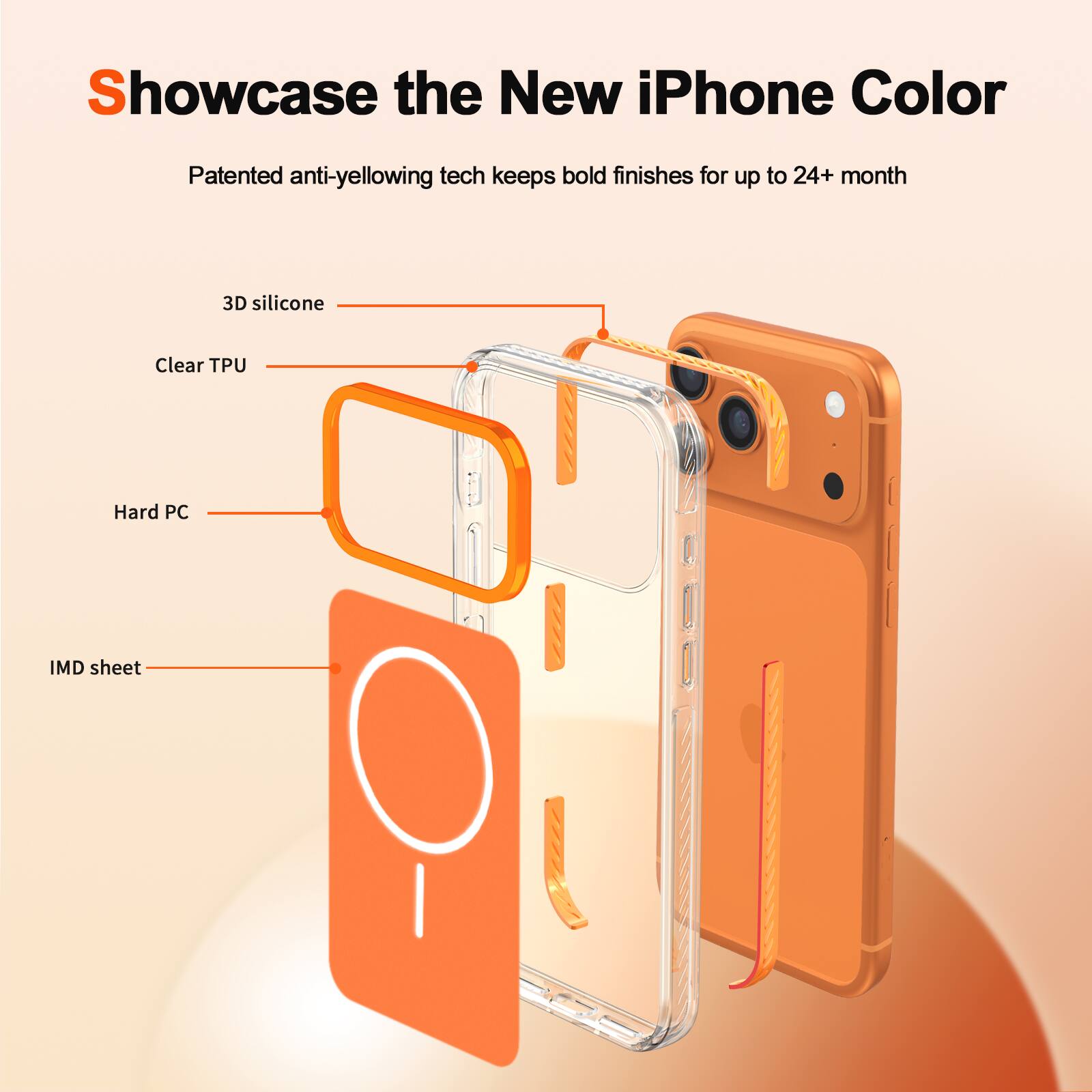 Showcase the New iPhone Color

Patented anti-yellowing tech keeps bold finishes for up to 24+ month

3D silicone
Clear TPU
Hard PC
IMD sheet