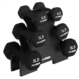 HolaHatha - 3, 5 & 8 Pound Hex Dumbbell Hand Weight Set with Storage Rack - Black