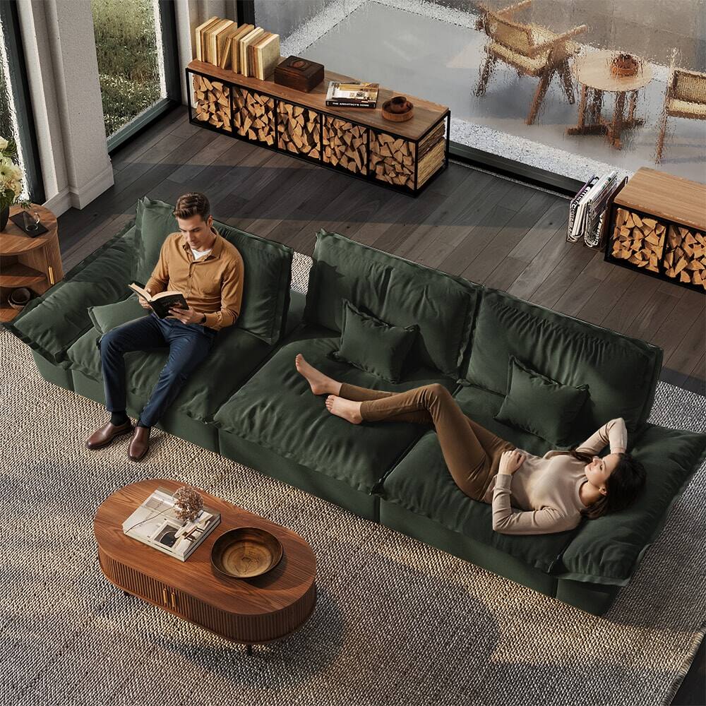 Back. POVISON - 104.33" Sailboat Deep Sofa Stain Resistant Cozy Couch with Adjustable Backrest - Beige Suede Fabric.