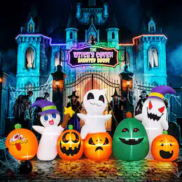 Wisairt - 7ft Inflatable Pumpkin Ghost with LED Lights - Outdoor Halloween Yard Decor - Green|White|Red