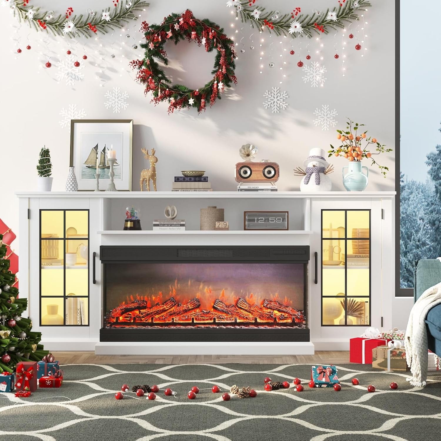 GARVEE - 75" 3-Sided Glass Fireplace TV Stand for TVs Up to 85" 40" Electric Fireplace Storage - White