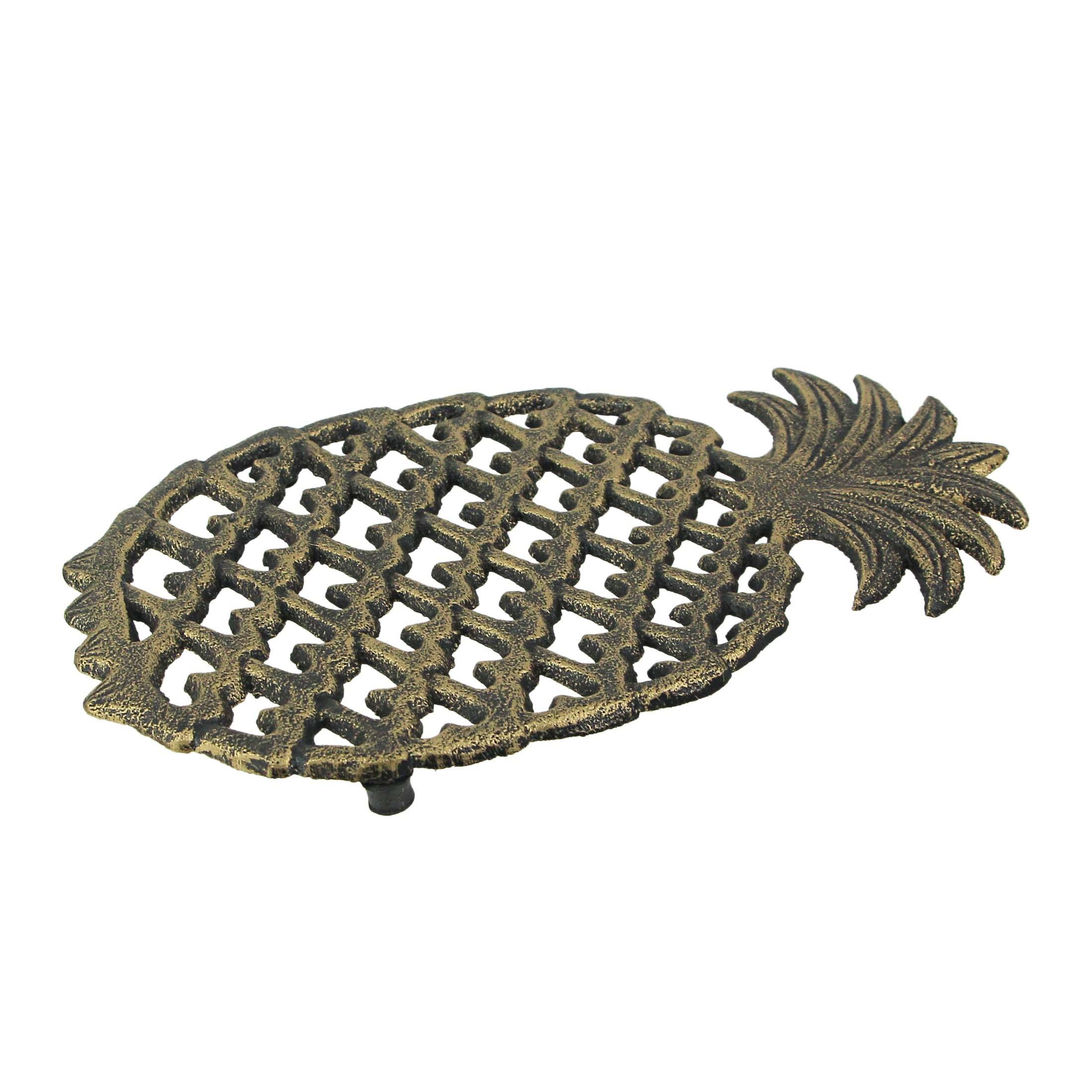 Alt View 1. Zeckos - 2 Piece Antique Bronze Finish Tropical Pineapple Cast Iron Trivet Set - Bronze.