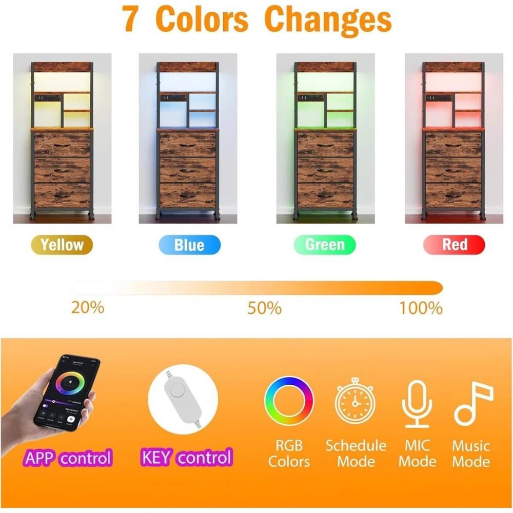 7 Colors Changes  
Yellow Blue Green Red  
20% 50% 100%  
E  
APP control  
KEY control  
RGB Schedule  
MIC Music  
Colors Mode Mode Mode