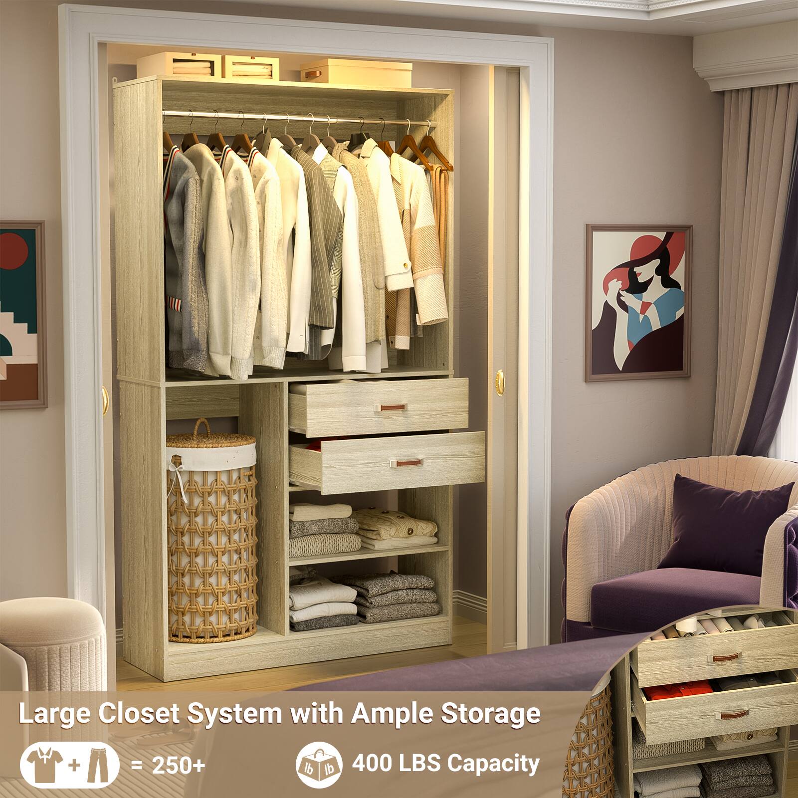 Large Closet System with Ample Storage  
= 250+ lb  
400 LBS Capacity