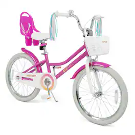 Costway - Girls Bike, 20" Kids Bicycle with Basket, Doll Seat, Colorful Streamers, Reflectors - Rose Red